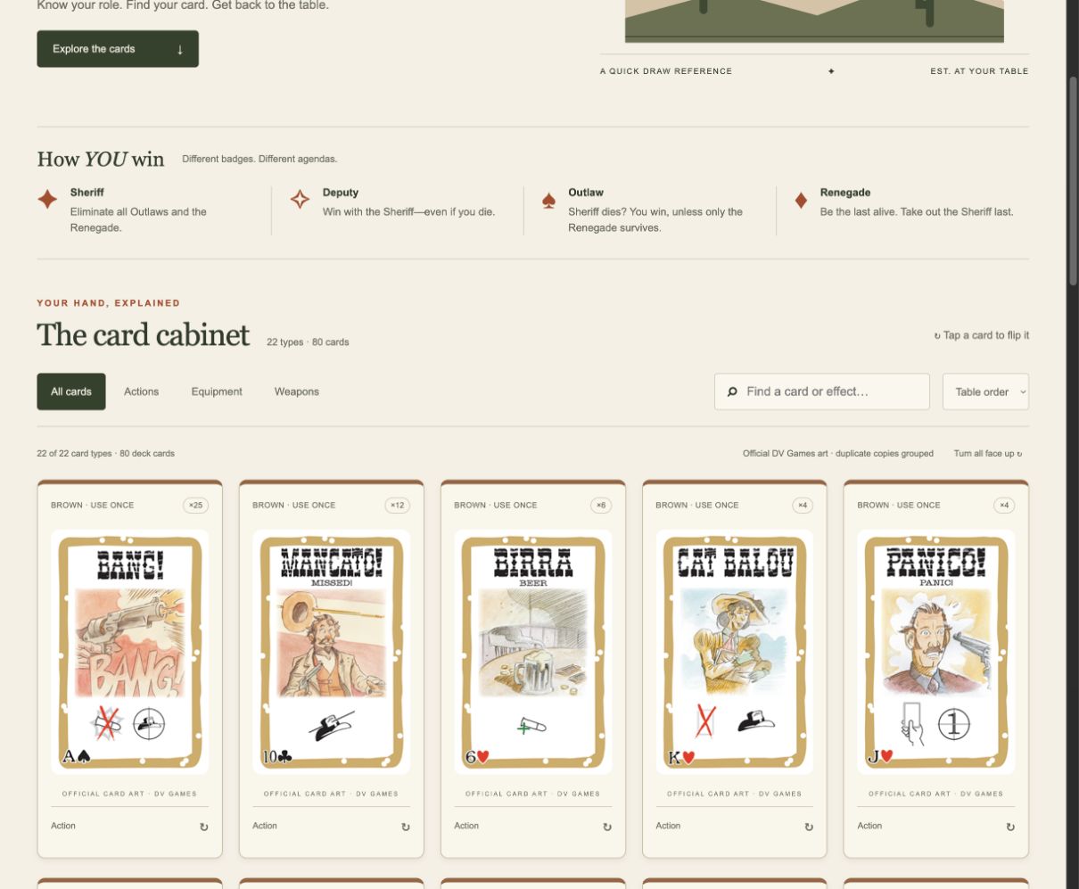 BANG! card helper with official card images and short explanations