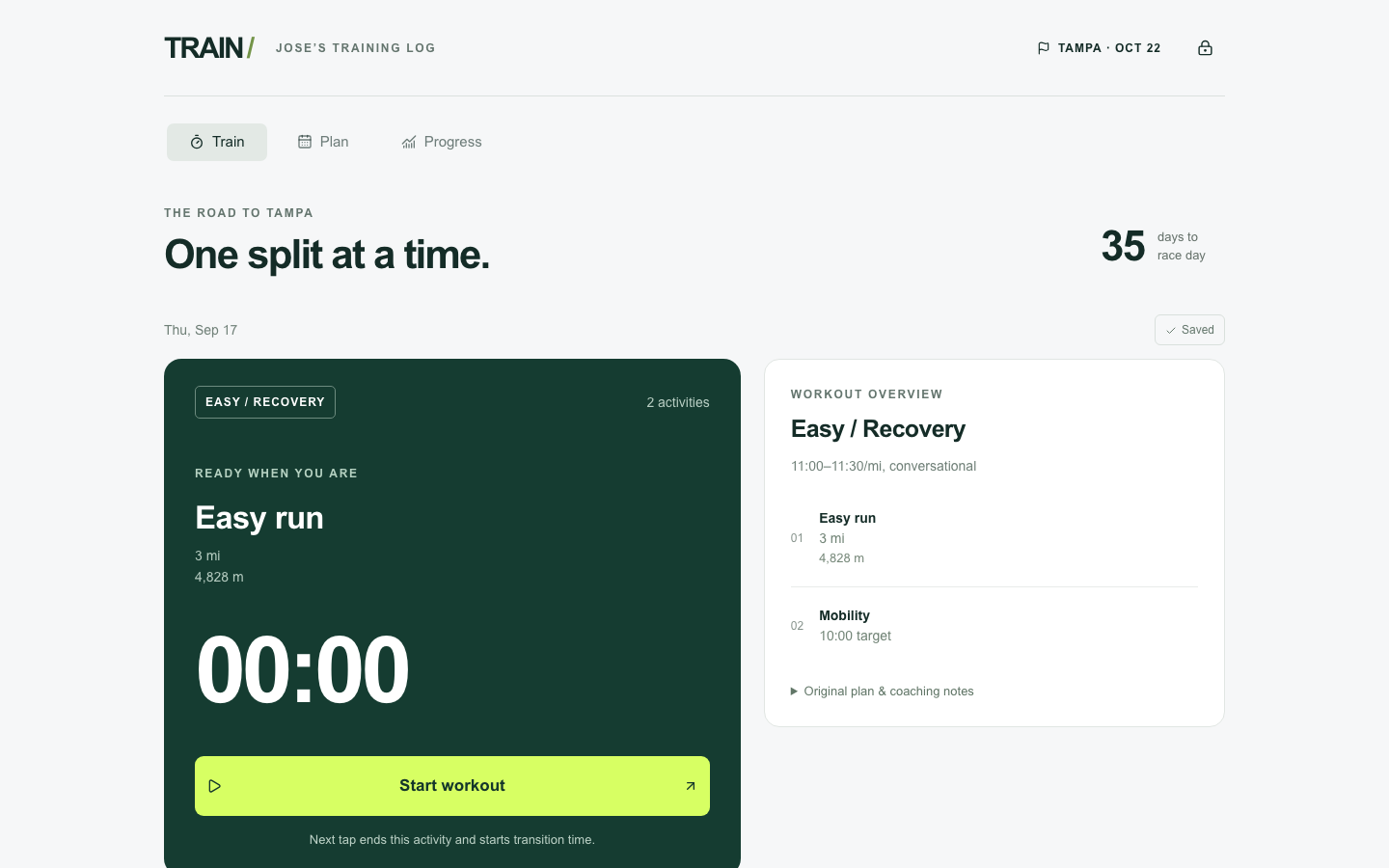 TRAIN workout tracker showing its live timer and workout overview